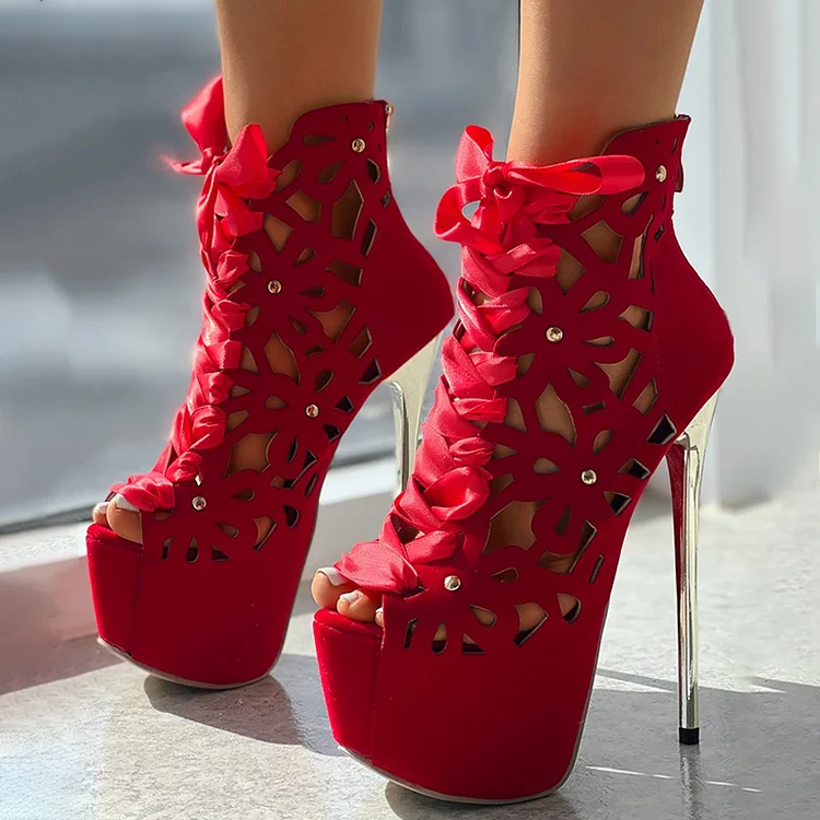 Red Stiletto High Heels Elegant Peep Toe Boots Lace Up Platform Shoes |FSJ Shoes