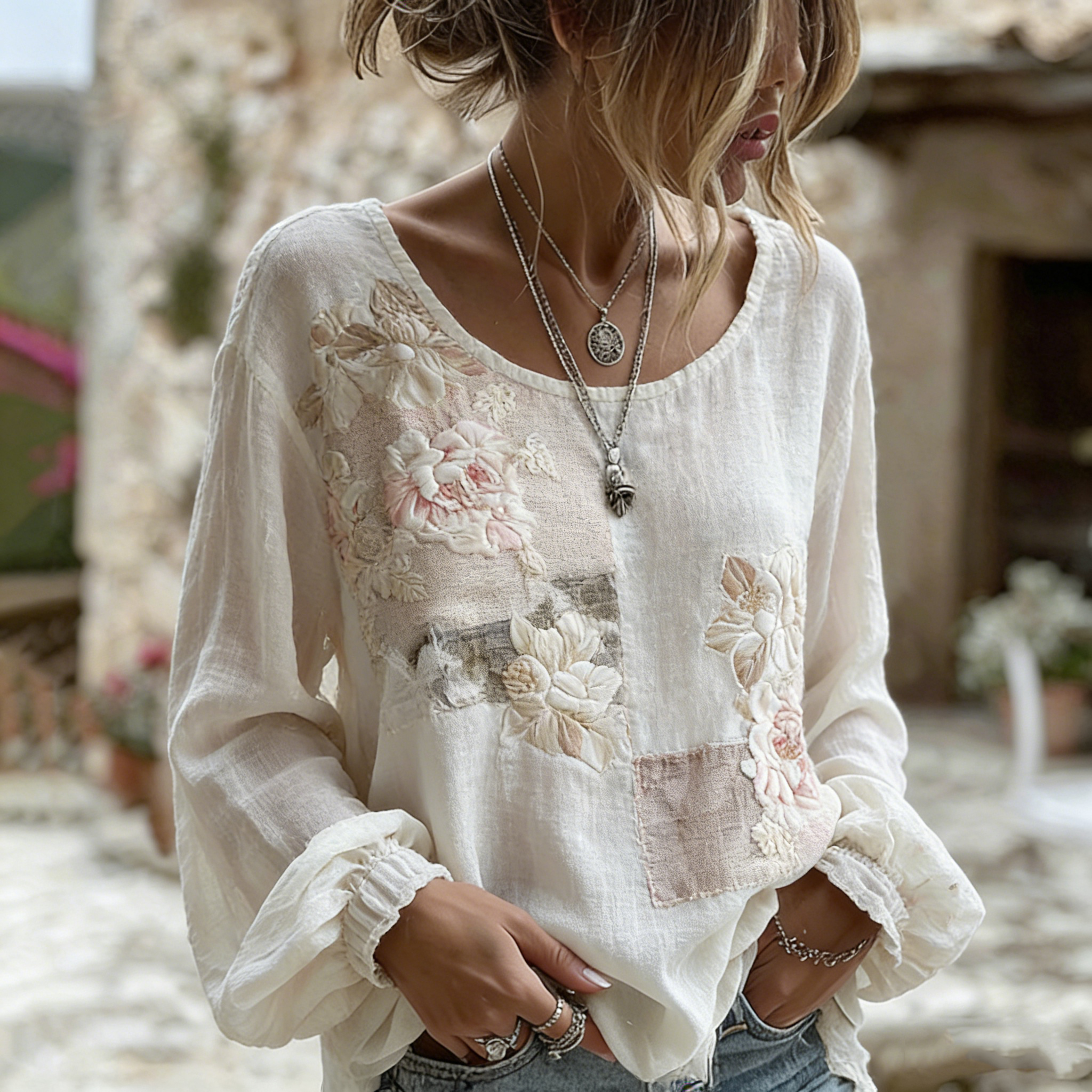 Women's Retro Floral Patchwork Casual T-shirt elevenforest