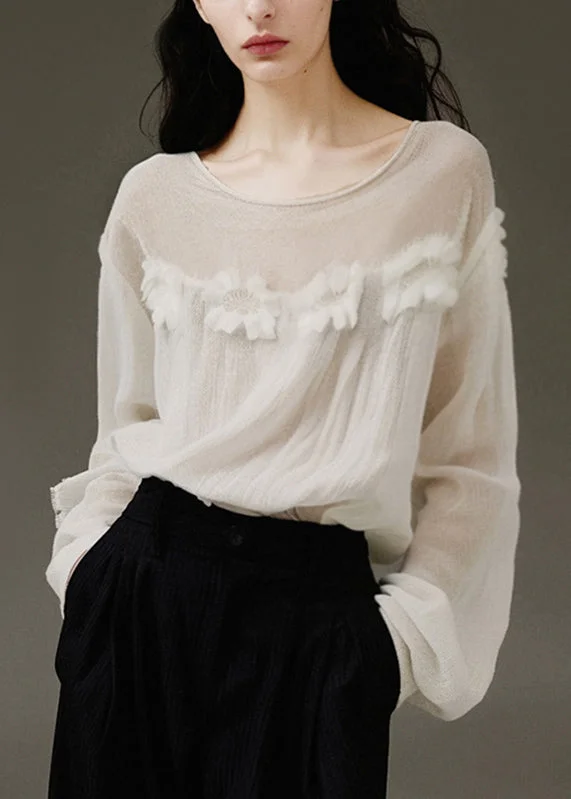 Modern White O-Neck Patchwork Tulle Top Lantern Sleev