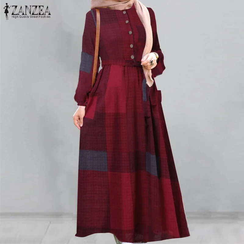 Retro Floral Printed Maxi Dress Women's Autumn Sundress 2022 ZANZEA Muslim Dresses Female Belted Oversized Long Vestido Robe
