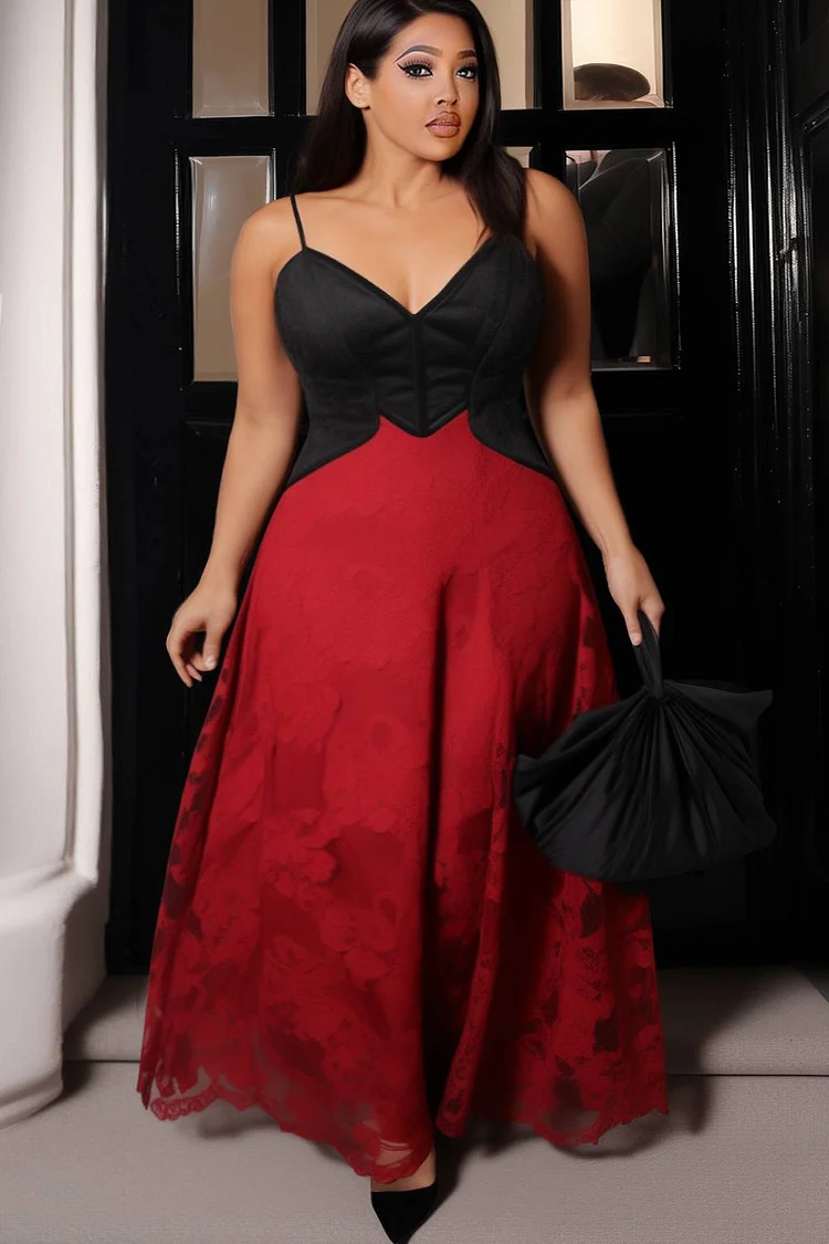 Xpluswear Design Plus Size Party Red Lace Patchwork Cami Maxi Dresses [Pre-Order]