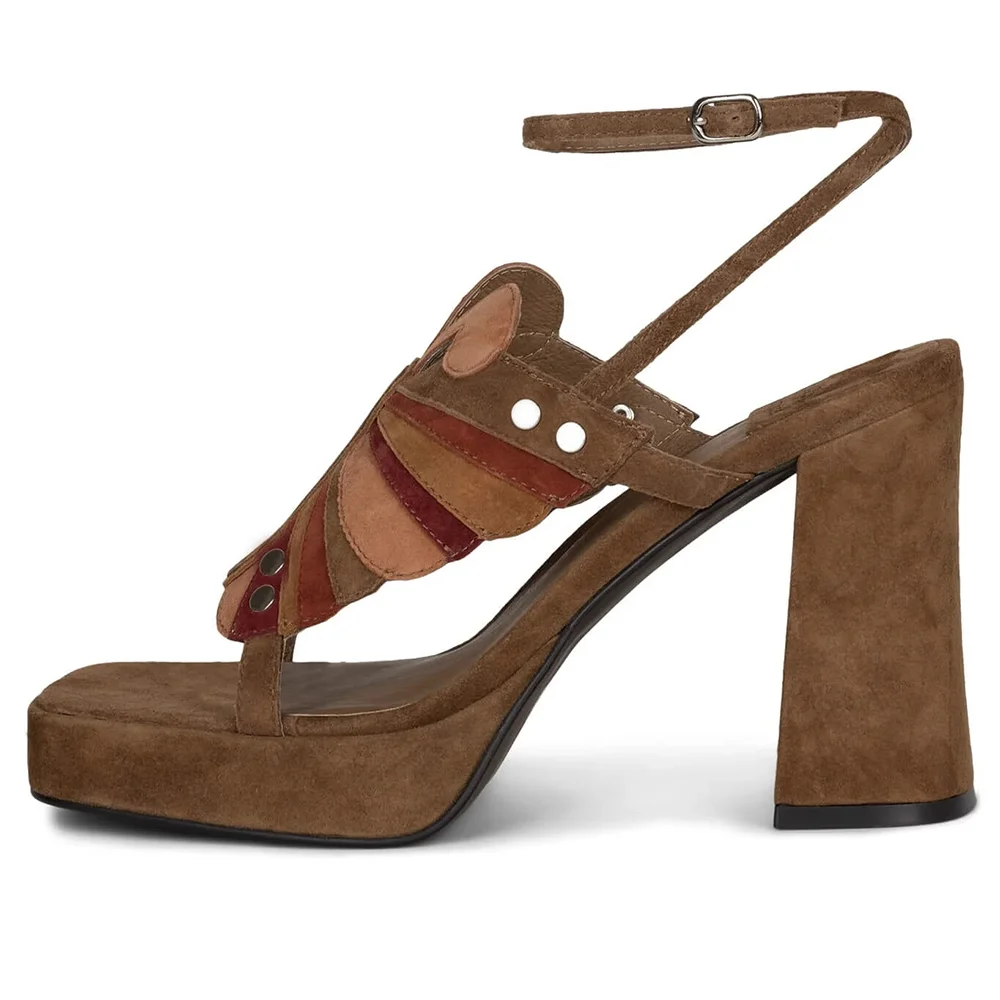 Brown Suede Opened Square Toe Butterfly Slingback Ankle Strappy Platform Sandals With Chunky Heels Nicepairs