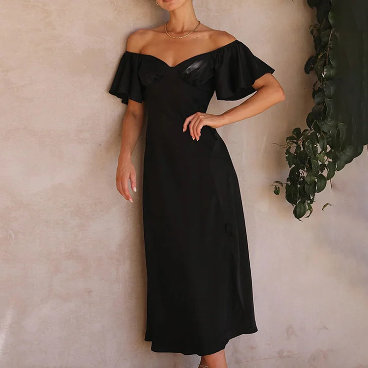 Women's Slash Neck Satin Off Shoulder Slit Solid Color Party Midi Dress