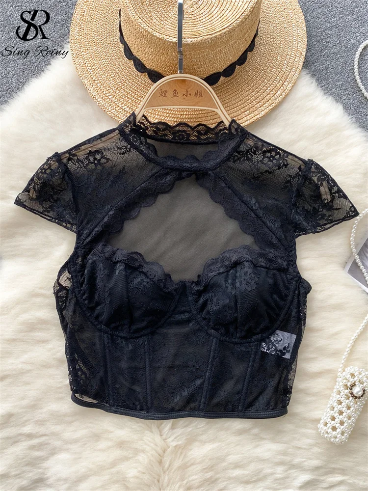 Huibahe American Sexy Sheer Lace Blouse Women Short Sleeves Hotsweet Chiffon Shirt Fashion Hollow Out Chest Slim Summer Tops