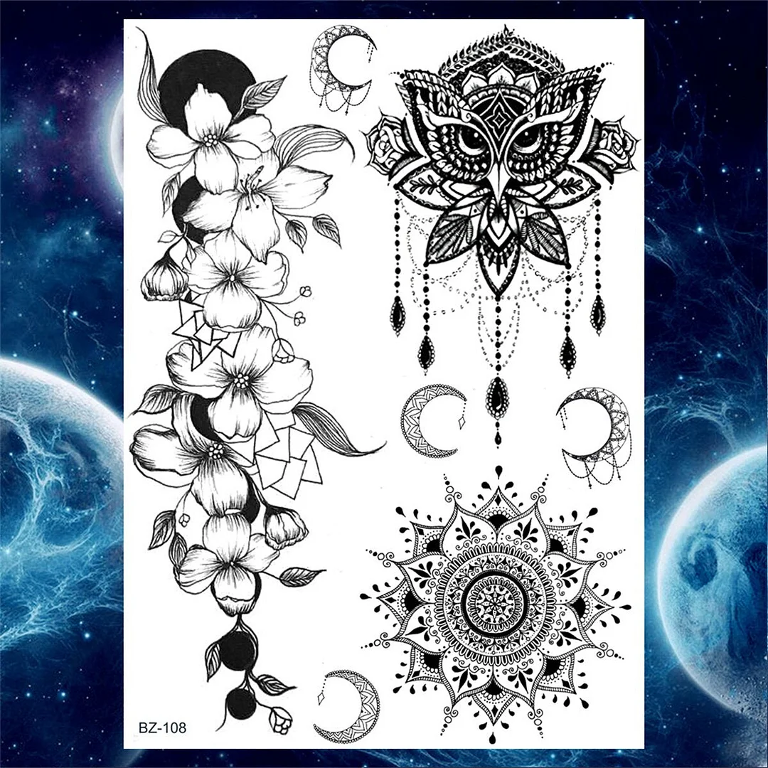 Snake Elephant Tribal Temporary Tattoos For Women Men Adult Fake Mandala Henna Tattoo Sticker Butterfly Black Bow Tatoos Paste