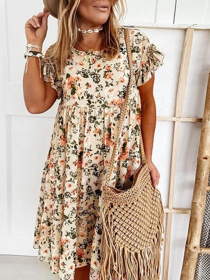 Round -neck Flower Printed Short -sleeved Loose Dress