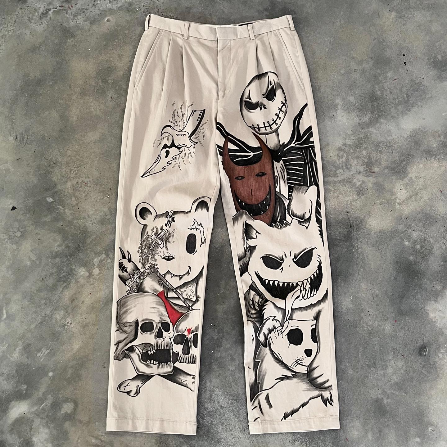 Casual street skull illustration hand-painted denim trousers