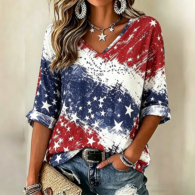 Women's American Anniversary Star Art Tie-dye V-neck Short Sleeve Top