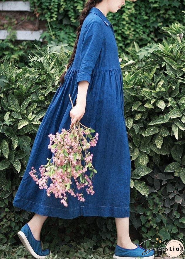 Handmade Lapel Half Sleeve Spring Tunics Shirts Blue Dress