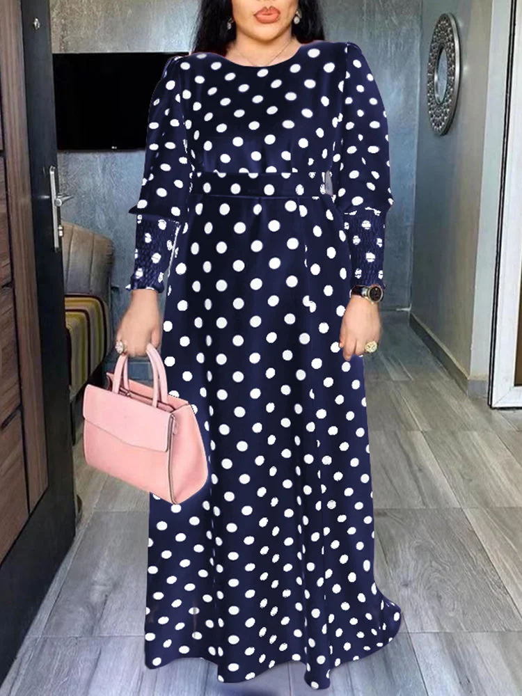 Polka Dot Shirring Knotted Long Sleeve Maxi Dress SKUJ33468 QueenFunky