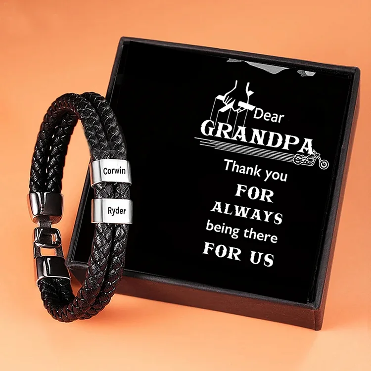 2 Names-Personalized Grandpa Braided Leather Bracelet Card Set, Custom Bracelet Engraved 2 Names Bracelet for Grandpa