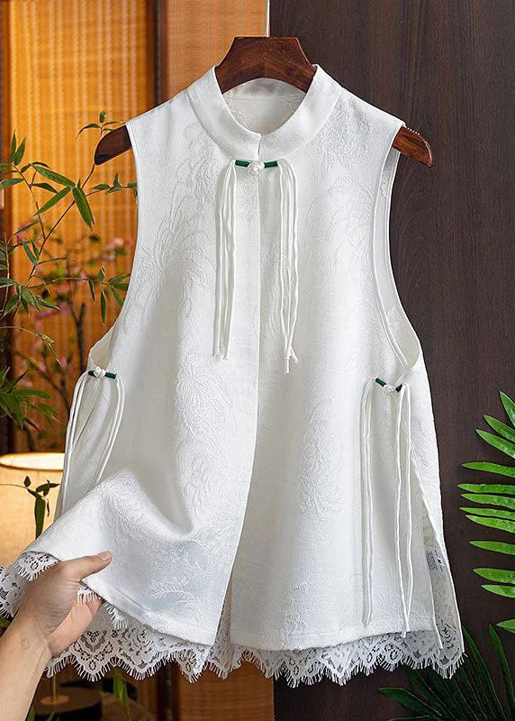 White Patchwork Silk Beach Vest Jacquard Stand Collar Sleeveless