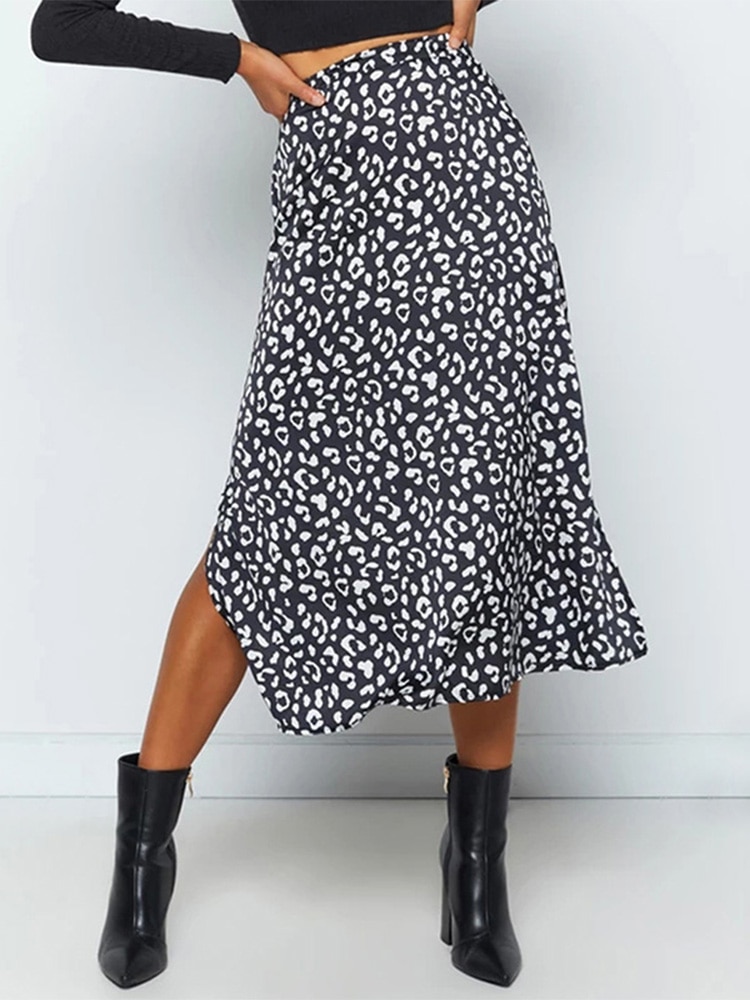 New Sexy Leopard Print Chiffon Split Skirt Casual Long Skirts for Women Spring Summer Zip Elegant Female Skirt