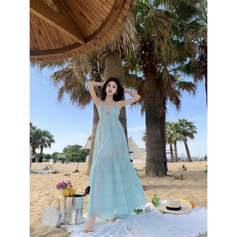 Churchf Churchf Wind Letter Purple Mint Green Neck Pendant Dress Summer Dopamine Beach Vacation Fairy Dress