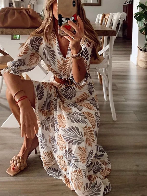 Women's Half Sleeve V-neck Floral Printed Maxi Dress