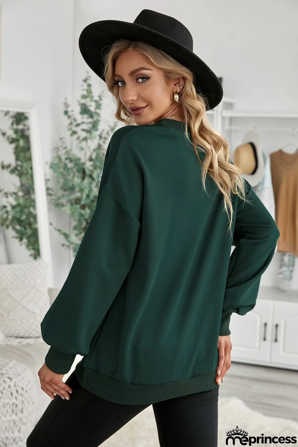 Plain Drop-shoulder Pullover Sweatshirt /Black/Green