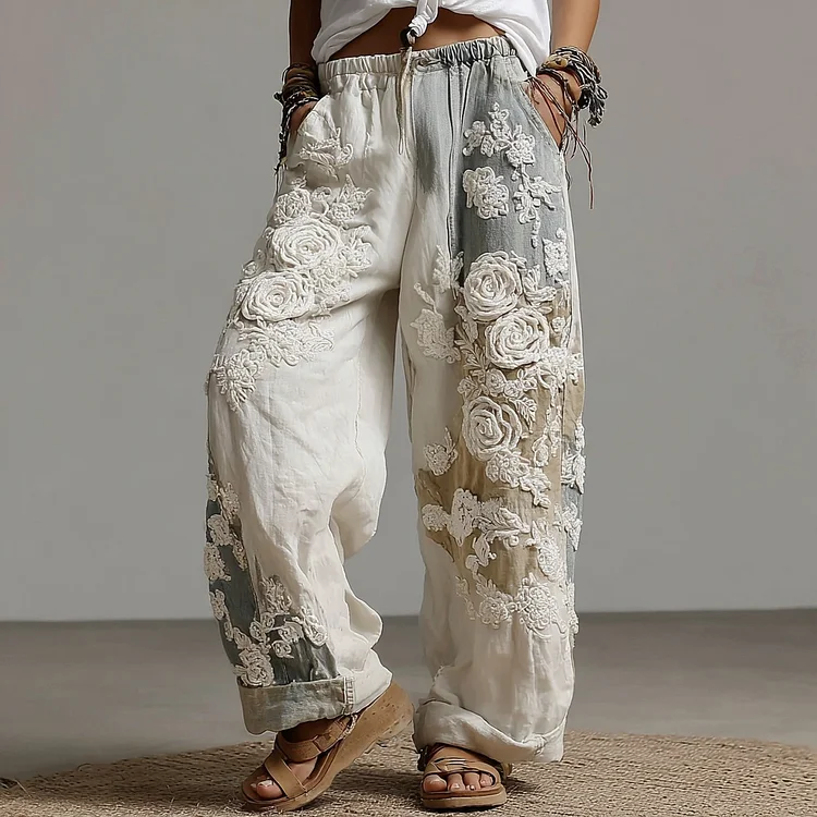 Women's Vintage Rose Floral Art Casual Wide Leg Pants