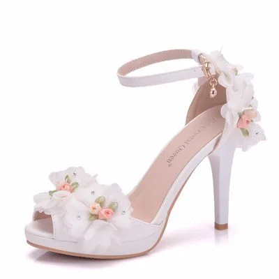 Breakj Breakj Summer New High Heel Fish Mouth Women's White Flower Sandals One-Word Buckle With Casual Wedding Women's Shoes