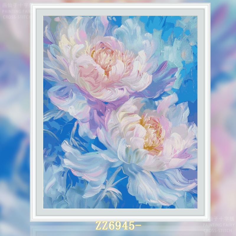 1set DIY Printed Cross Stitch Kit, 【ZZ6945- Blue Rhyme Peony】 Painting Fairy Cross Stitch