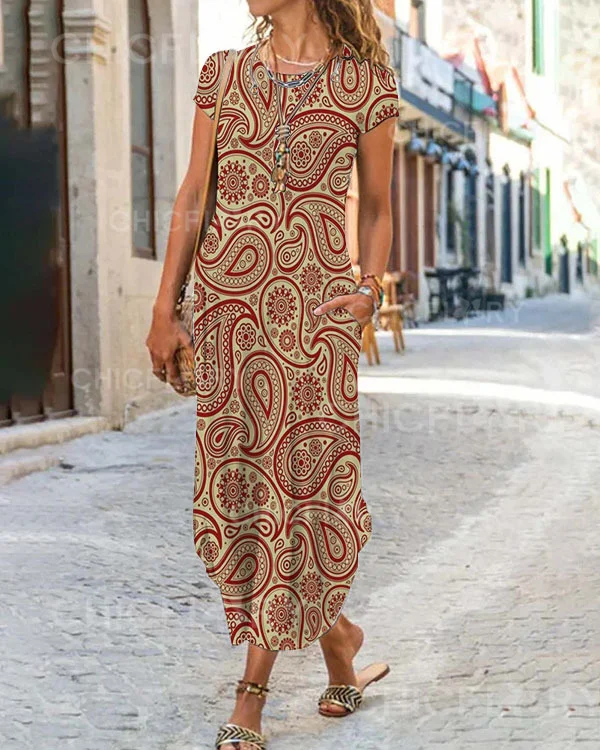 Casual Vintage Paisley Print Holiday Midi Dress