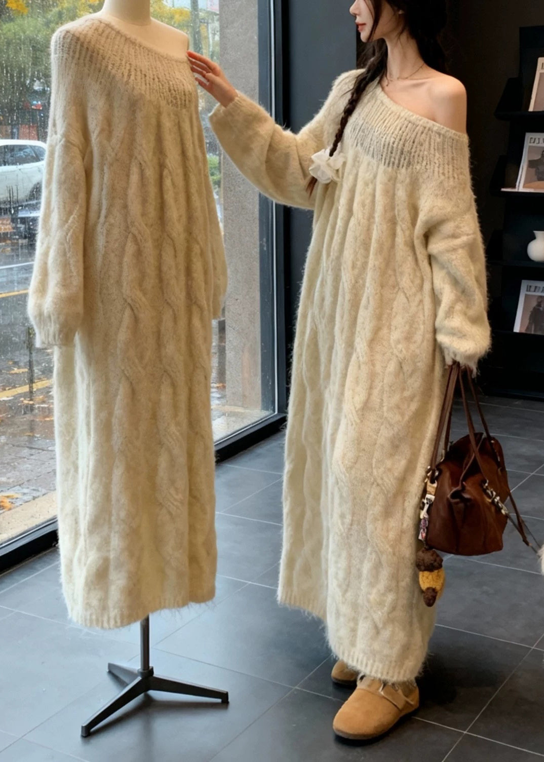 Elegant Beige Cold Shoulder Cable Knit Dress Spring