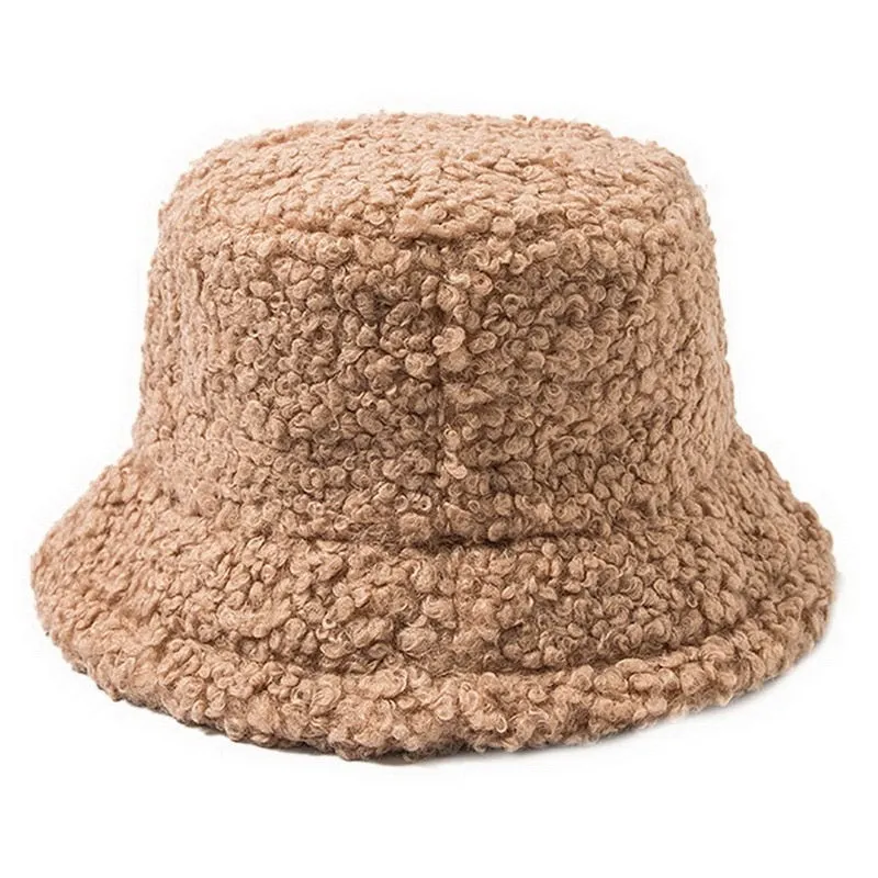 Women Hat Solid Artificial Fur Warm Female Cap Faux Fur Winter Bucket Hat for Women Outdoor Sunscreen Sun Hat Panama Cap Ladies