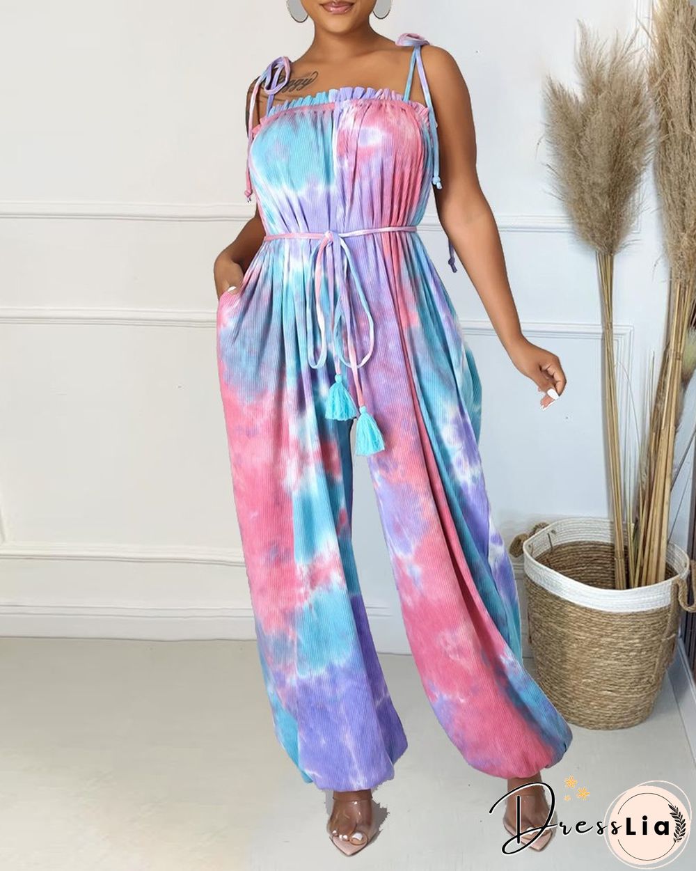 Tie Dye Frill Trim Fringe Belted Cami Jumpsuit