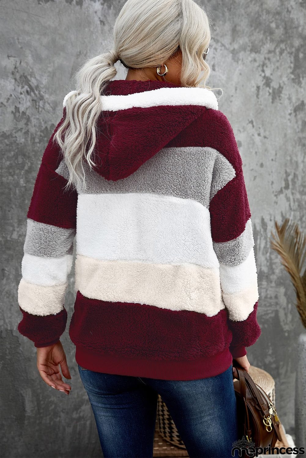 Colorblock Zip Up Sherpa Coat with Hooded