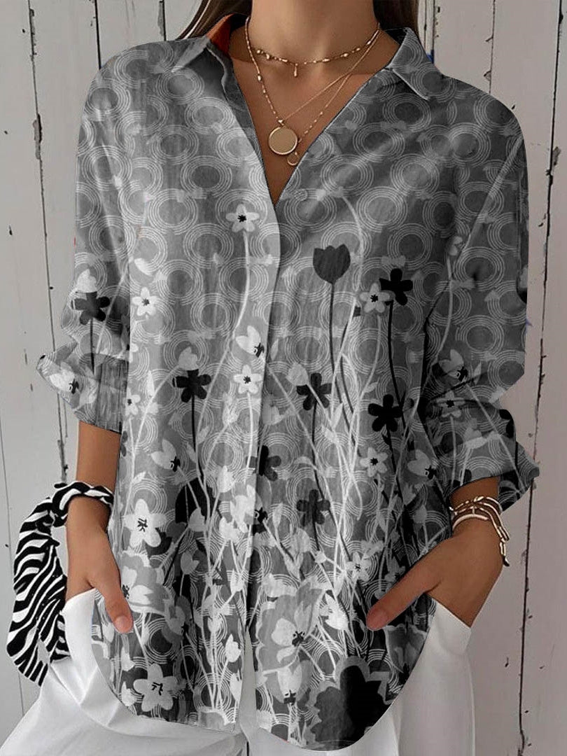 Women 3/4 Sleeve Shirt Collar Floral Printed Graphic Button Tops