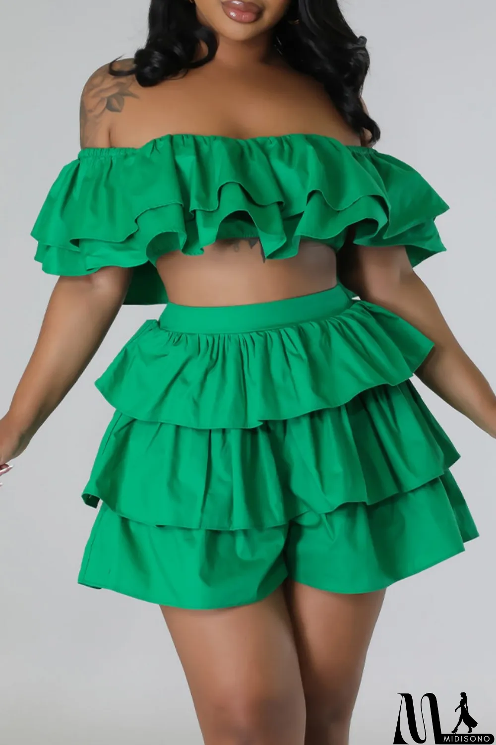 MidiSono - Rose Red Sexy Casual Solid Patchwork Backless Off the Shoulder Short Sleeve Two Pieces