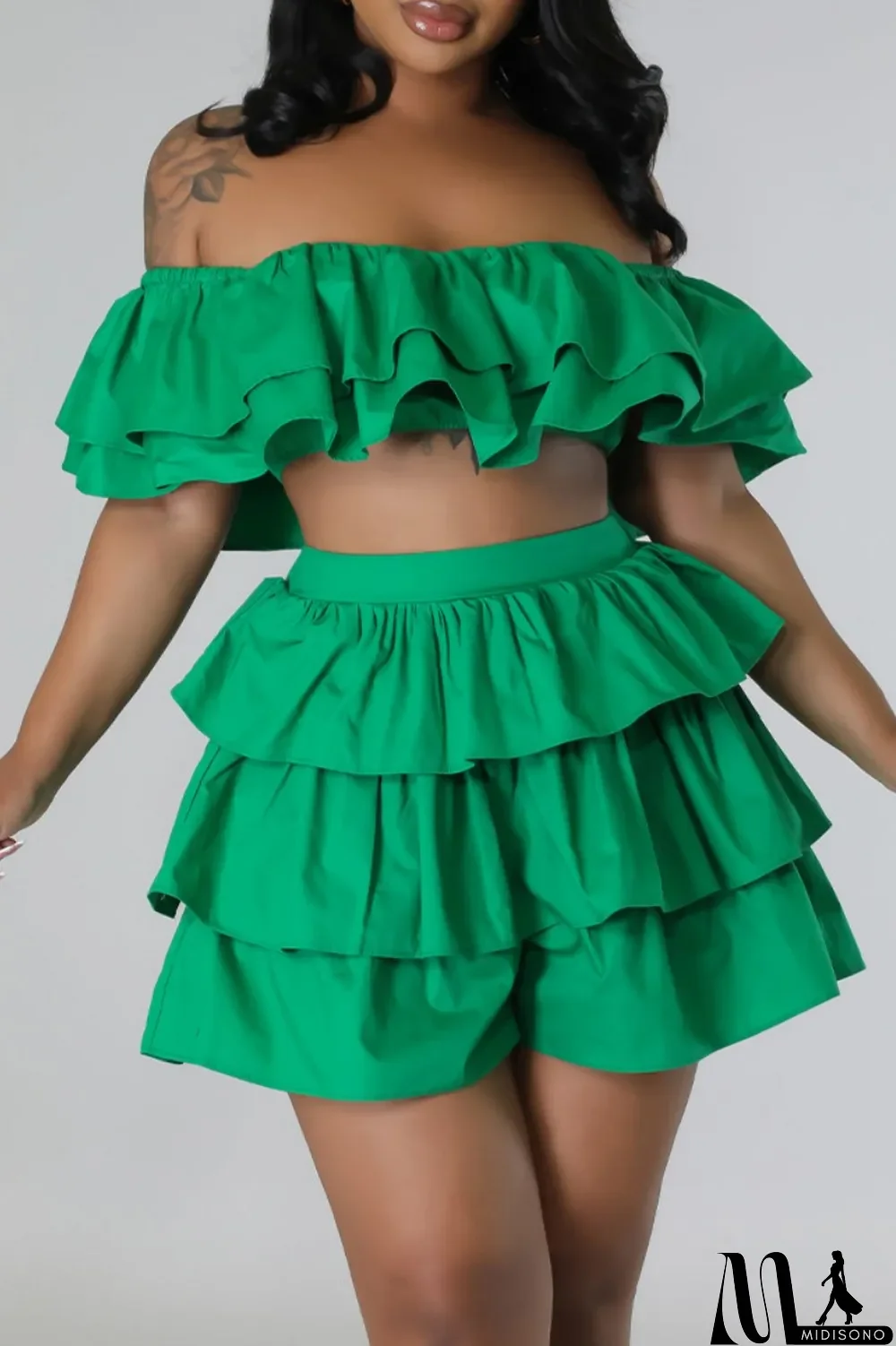 MidiSono - Rose Red Sexy Casual Solid Patchwork Backless Off the Shoulder Short Sleeve Two Pieces