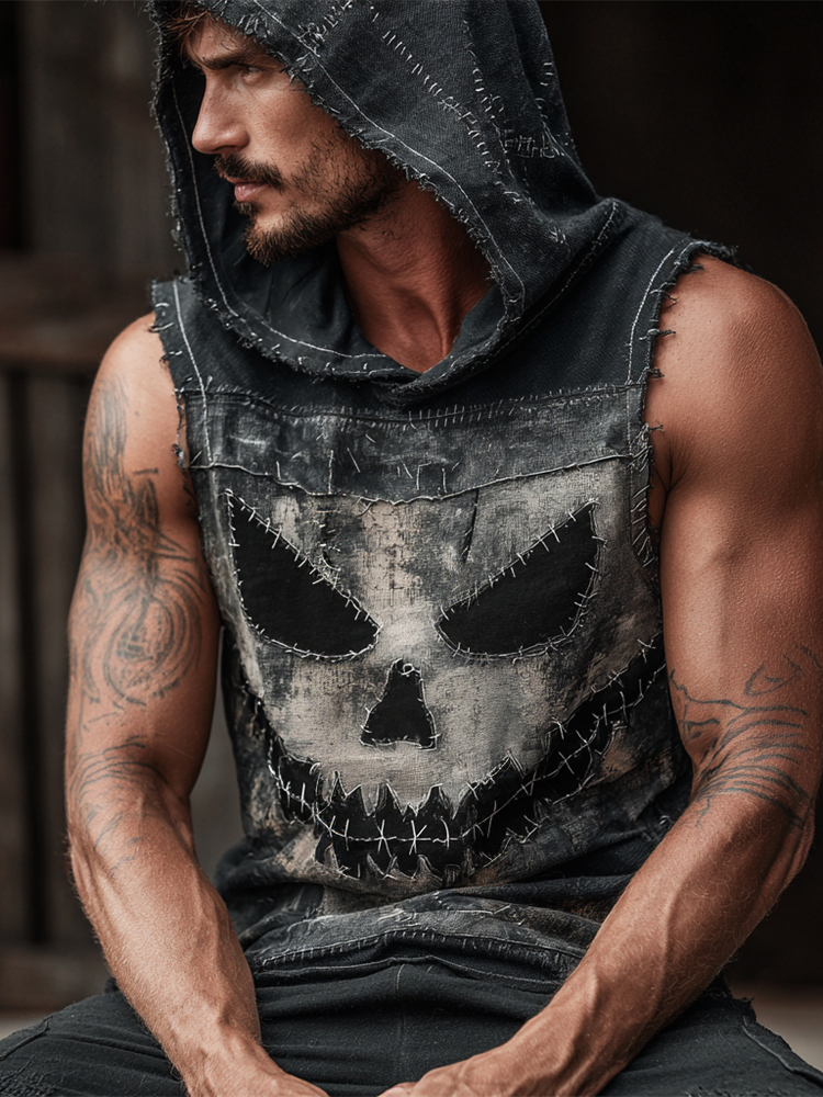 Halloween Evil Pumpkin Emoji Vintage Men's Hooded Tank wearshes