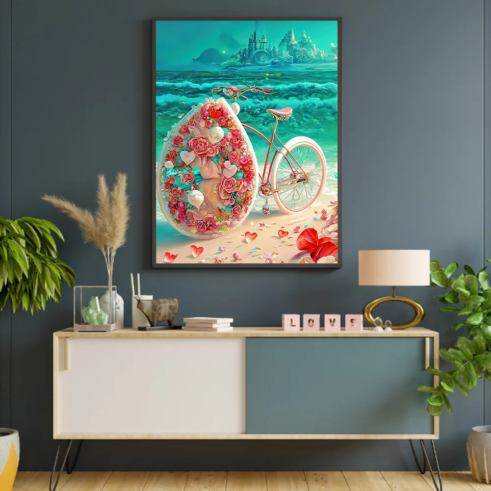 Full Round Diamond Painting 30*40cm - Beach Romantic Rose Bicycle