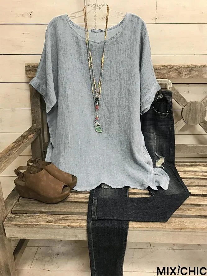 Solid Cotton Casual Short Sleeve Top