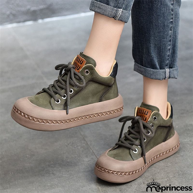 Genuine Leather Retro High Top Thick-soled  Lady Shoes