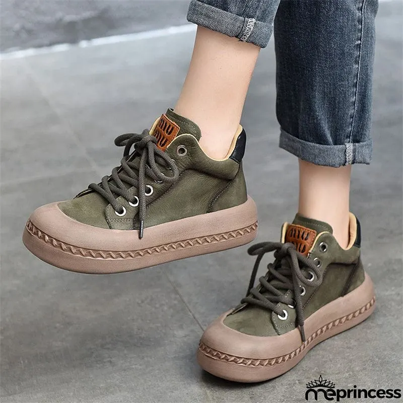 Genuine Leather Retro High Top Thick-soled  Lady Shoes
