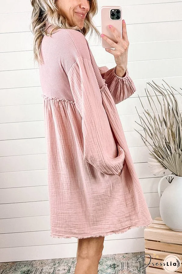Patchwork Crinkled Puff Sleeve Raw Hem Dress