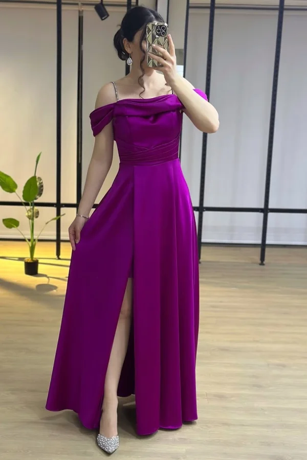 Graceful Purple Off-The-Shoulder Pleated Split Satin Prom Dress YK0009