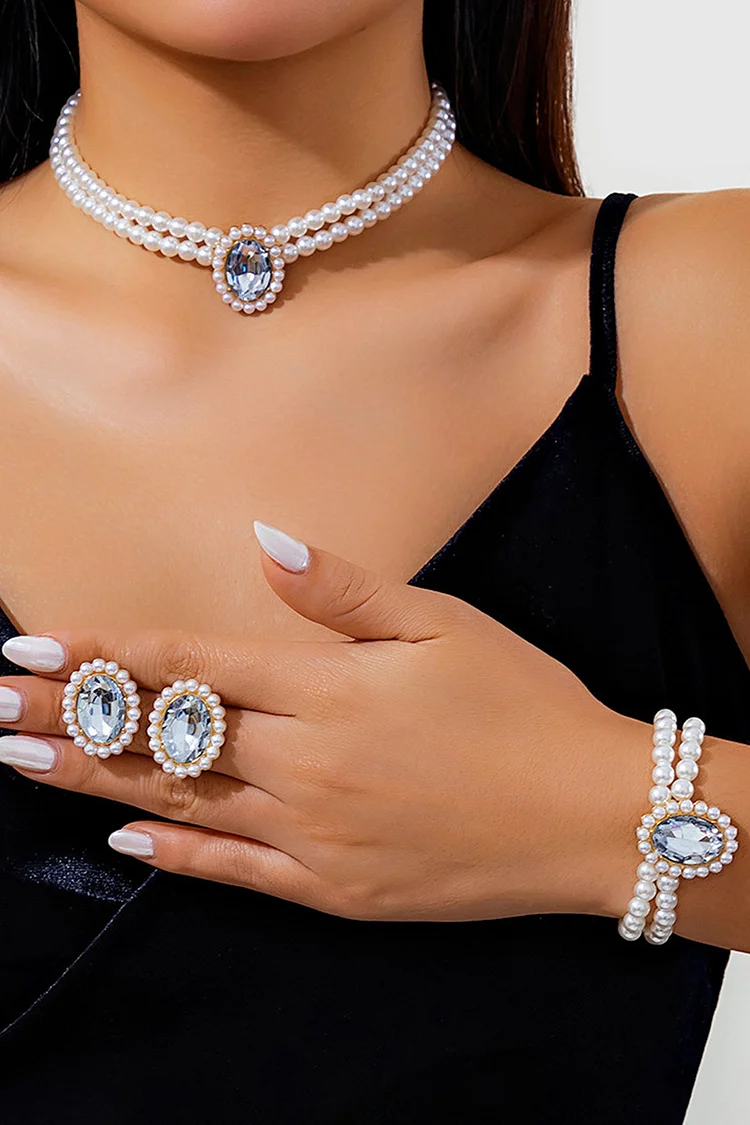Rhinestone Stud Earrings Layered Pearl Necklace Bracelet 3pcs Jewelry Set
