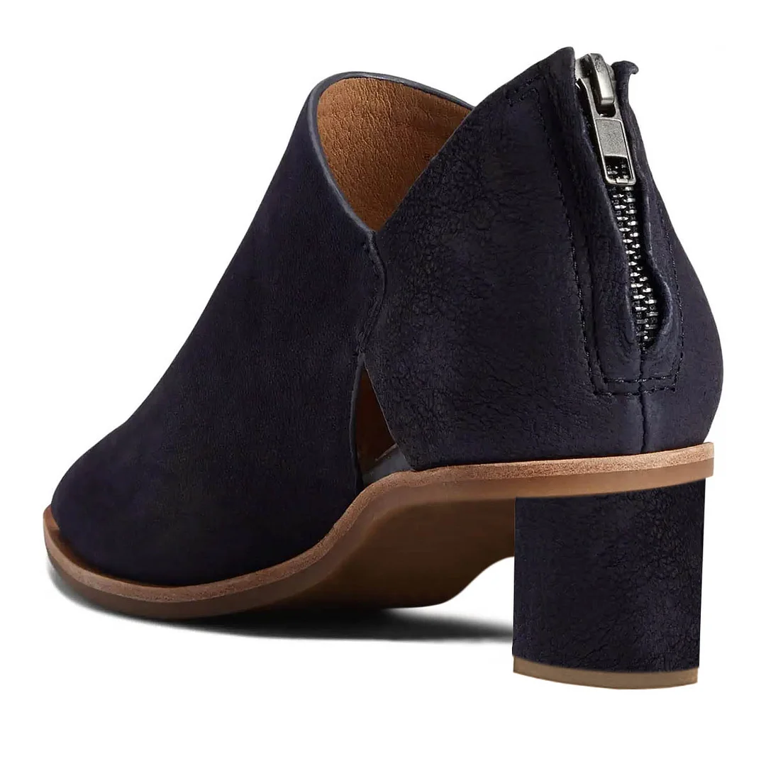 Navy Peep Toe Block Heel Cut-Out Booties for Women with Back Zipper