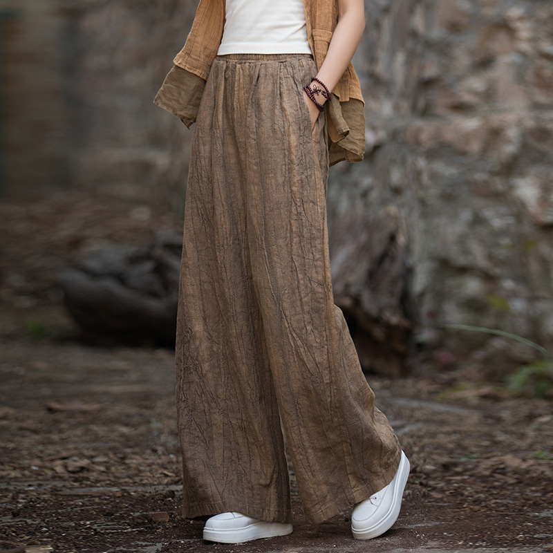 Cotton and Ramie Vintage Hand-Dyed Sand Washed Wide-Leg Pants