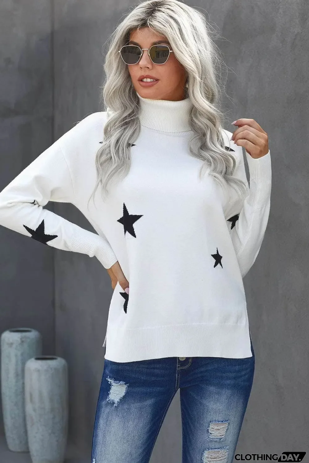 White Turtleneck Dropped Sleeve Star Print Sweater