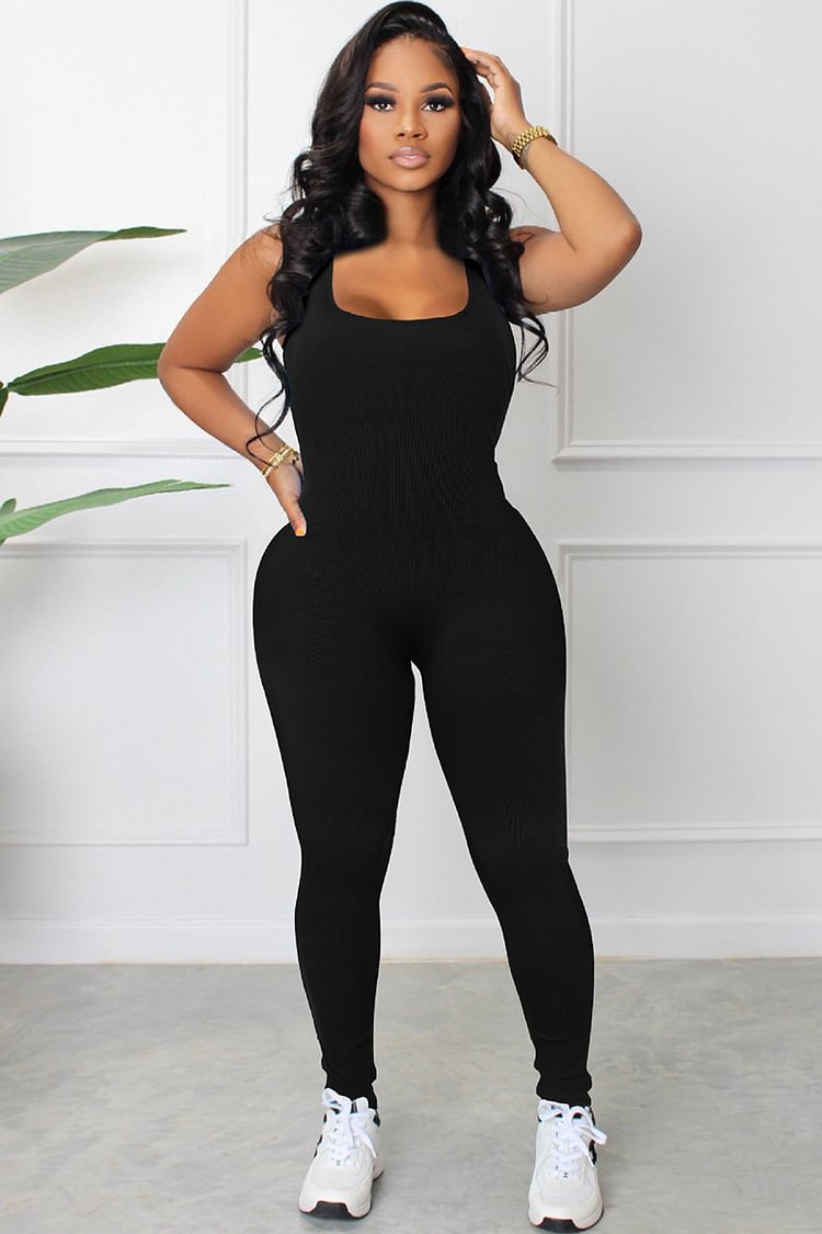 Square Neck Sleeveless Back Lace Up Bodycon Yoga Jumpsuit