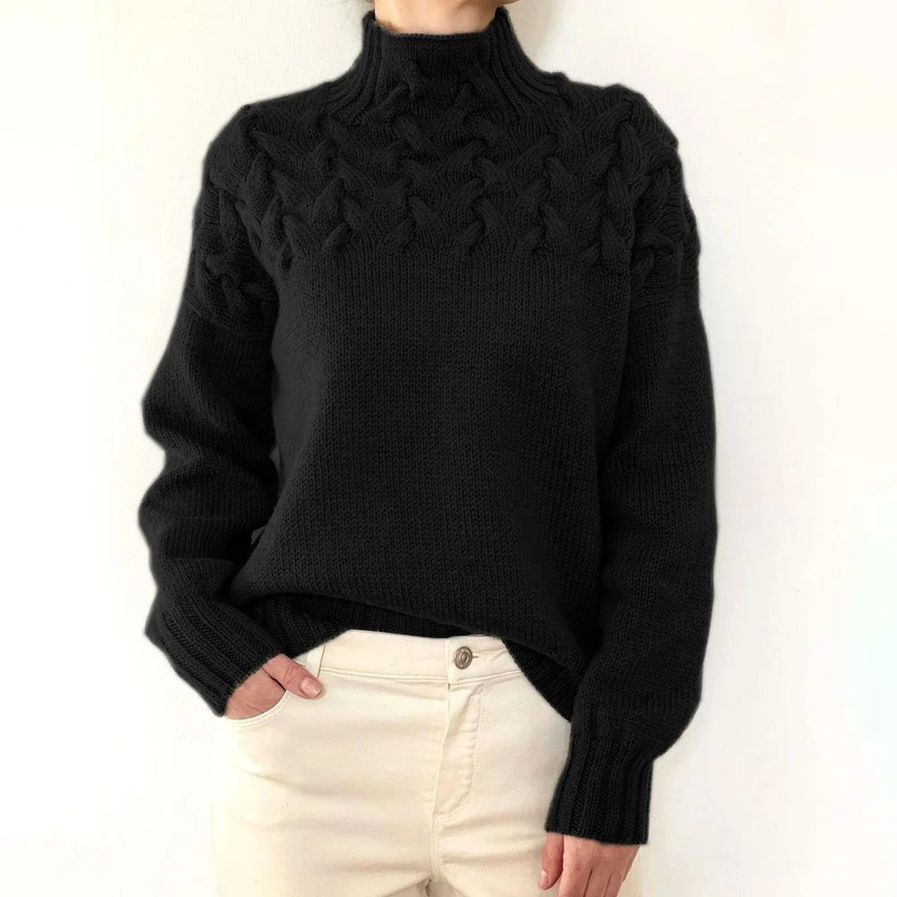 Fashionable Cable Weaving Details High Neck Long Sleeve Sweater