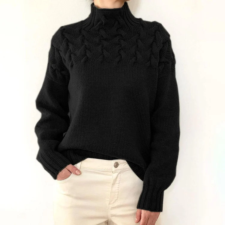 Vefave Vintage Woven Detail Turtleneck Long Sleeve Sweater