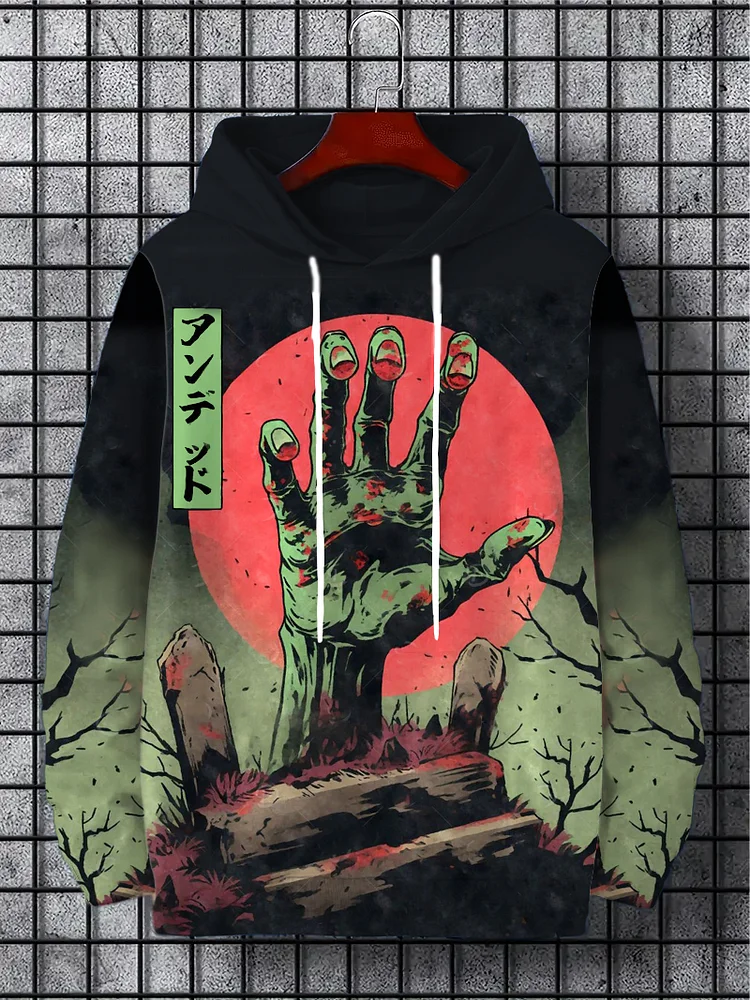 Men's Red Moon Graveyard Deadwood Huge Hand Art Print Casual Hoodie