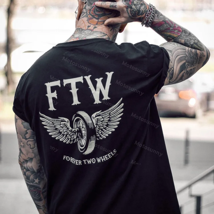 MOTOSUNNY FTW FOREVER TWO WHEELS Angel Wings Graphic Black Print T-shirt 5ec0