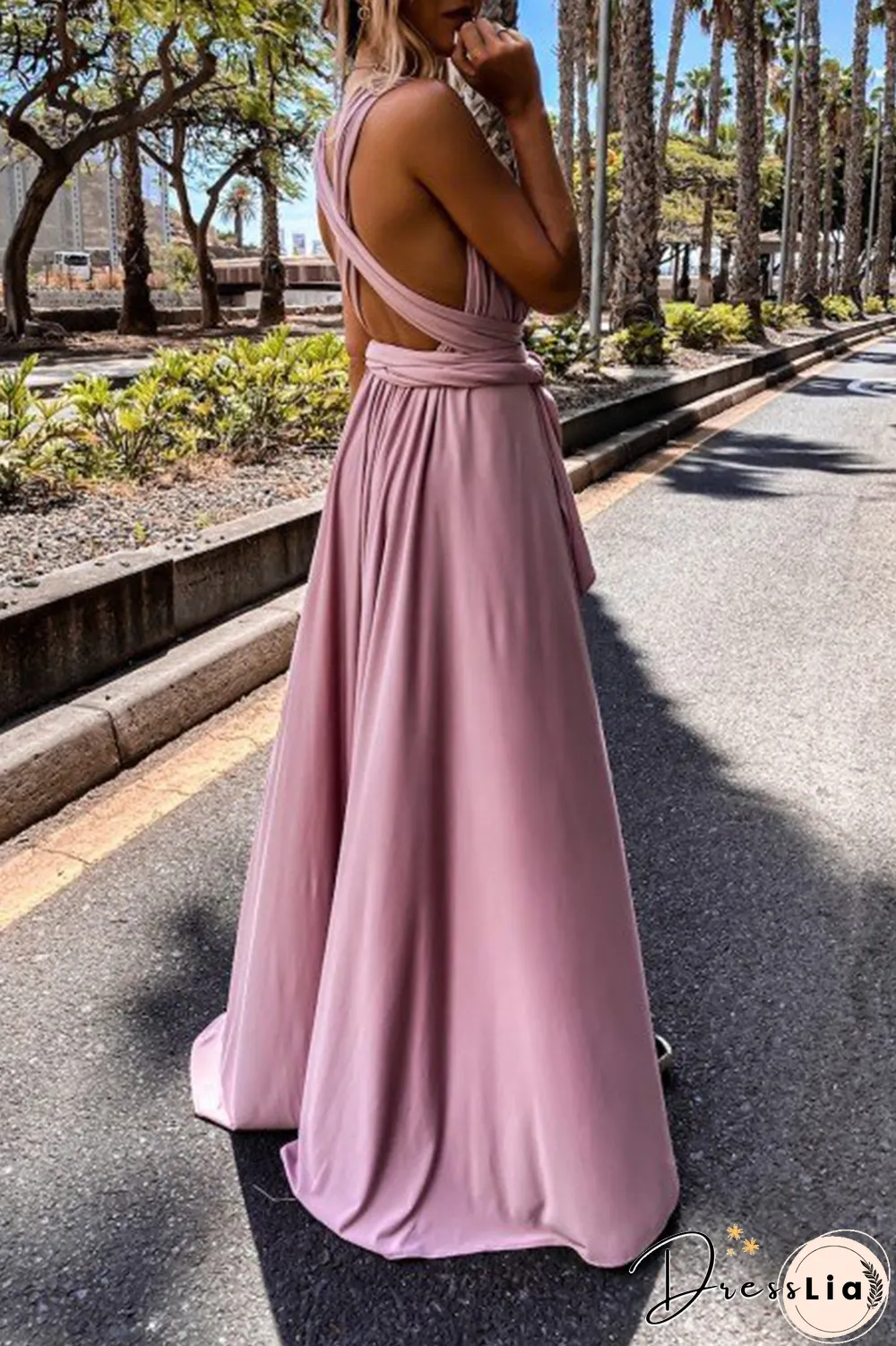 Casual Solid Split Joint V Neck Waist Skirt Dresses