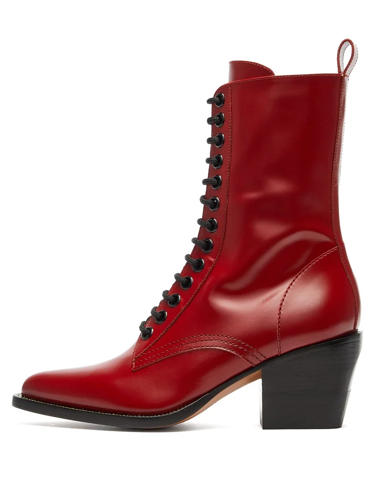 Red Lace Up Boots Block Heel Ankle Boots |FSJ Shoes