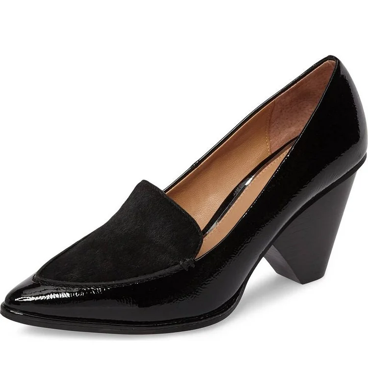 Black Pointy Toe Cone Heel Patent Leather Loafers for Women |FSJ Shoes